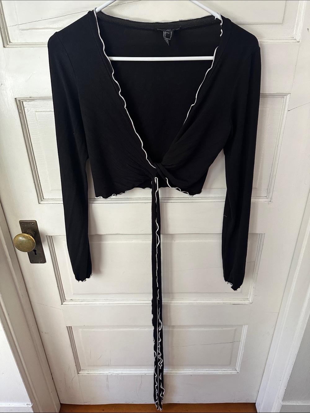 Black Faux Wrap Tie Front Long Sleeve Crop Top White Lettuce Edge Contrast Trim